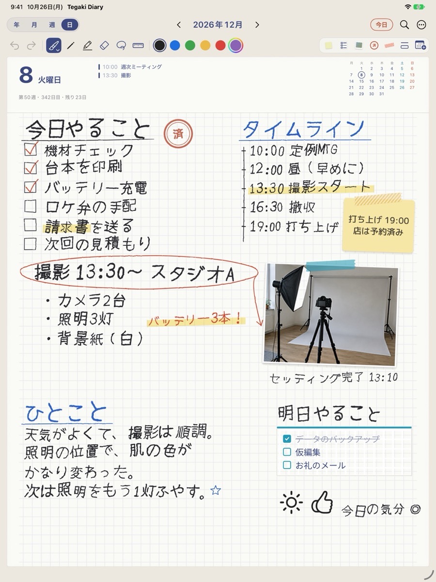 日のページ。上に日付とその日の予定、下の方眼に手書きのメモと写真